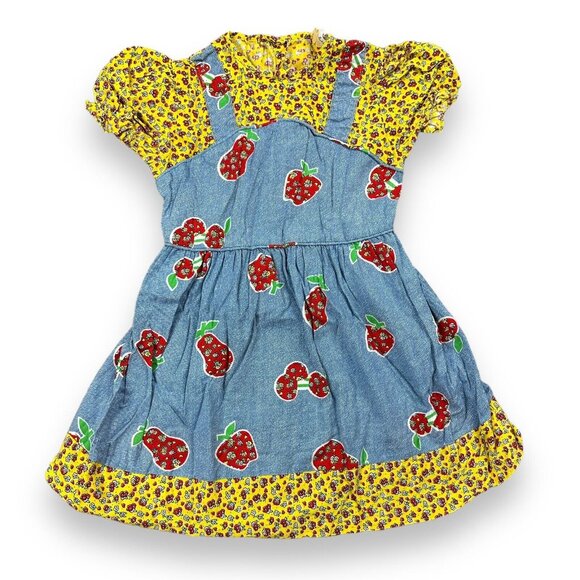 Vtg 60's Sears PermaPrest Dress Girls Yellow Blue Pinafore Cherries Print Sz 5